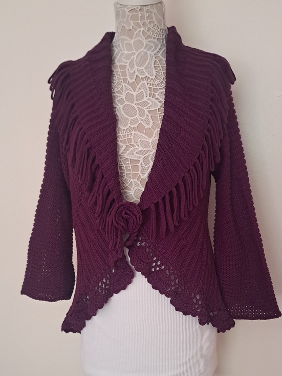 Effortless by Citiknits Sweaters - Citiknits Plum Purple Knit Ruffle Fringe Cardigan with Rose Detail 1X Boho